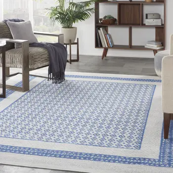 8' X 12' Ivory and Blue Geometric Distressed Non Skid Area Rug