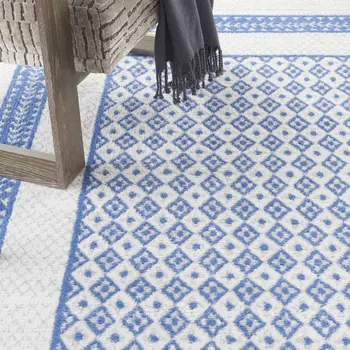 8' X 12' Ivory and Blue Geometric Distressed Non Skid Area Rug