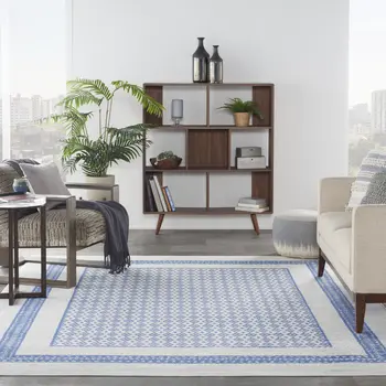 8' X 12' Ivory and Blue Geometric Distressed Non Skid Area Rug
