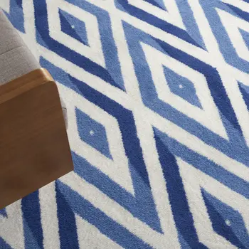 8' X 12' Ivory and Blue Geometric Distressed Non Skid Area Rug