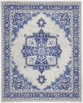 8' X 12' Ivory and Blue Floral Medallion Distressed Non Skid Area Rug