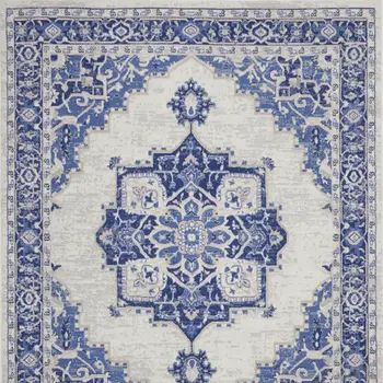 8' X 12' Ivory and Blue Floral Medallion Distressed Non Skid Area Rug