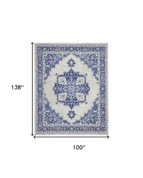 8' X 12' Ivory and Blue Floral Medallion Distressed Non Skid Area Rug