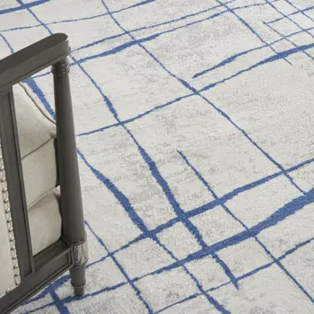 8' X 12' Ivory and Blue Abstract Geometric Distressed Non Skid Area Rug