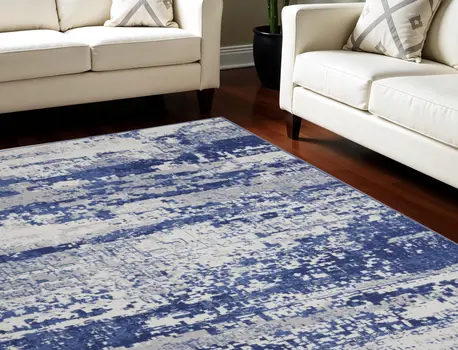 8' X 12' Ivory and Navy Blue Abstract Distressed Non Skid Area Rug