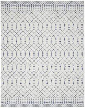 8' X 12' Ivory and Blue Geometric Distressed Non Skid Area Rug