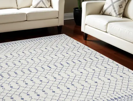 8' X 12' Ivory and Blue Geometric Distressed Non Skid Area Rug