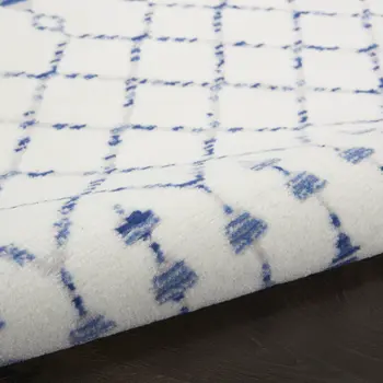 8' X 12' Ivory and Blue Geometric Distressed Non Skid Area Rug