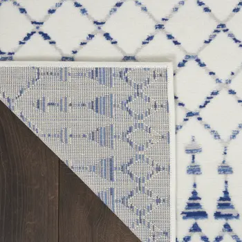 8' X 12' Ivory and Blue Geometric Distressed Non Skid Area Rug