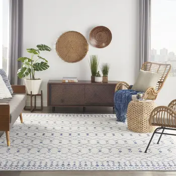 8' X 12' Ivory and Blue Geometric Distressed Non Skid Area Rug