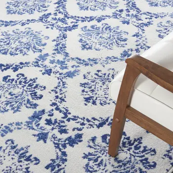 8' X 12' Ivory and Navy Blue Damask Distressed Non Skid Area Rug