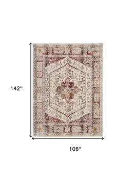 9' X 12' Ivory Red And Orange Floral Distressed Non Skid Area Rug
