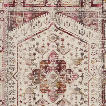 9' X 12' Ivory Red And Orange Floral Distressed Non Skid Area Rug