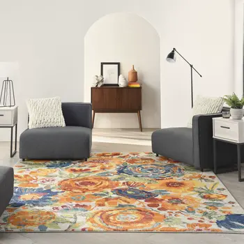 9' X 12' Cream Floral Power Loom Area Rug