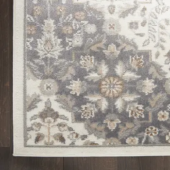 9' X 12' Ivory and Gray Floral Non Skid Area Rug