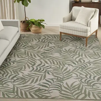 9' X 12' Ivory And Green Palm Leaf Indoor Outdoor Area Rug