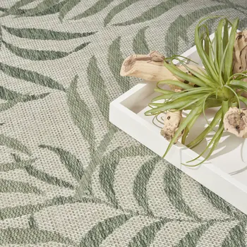 9' X 12' Ivory And Green Palm Leaf Indoor Outdoor Area Rug