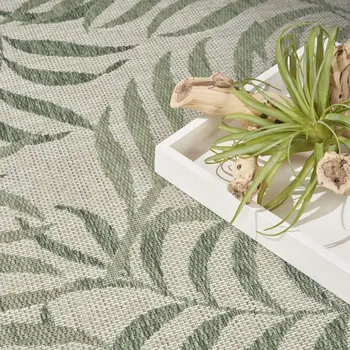 9' X 12' Ivory And Green Palm Leaf Indoor Outdoor Area Rug