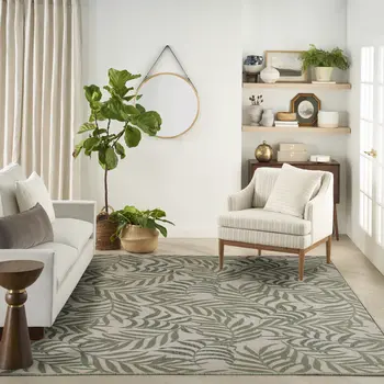 9' X 12' Ivory And Green Palm Leaf Indoor Outdoor Area Rug