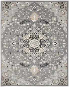 9' X 12' Ivory Black and Gray Floral Medallion Non Skid Area Rug