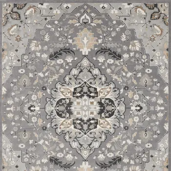 9' X 12' Ivory Black and Gray Floral Medallion Non Skid Area Rug