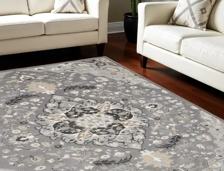 9' X 12' Ivory Black and Gray Floral Medallion Non Skid Area Rug