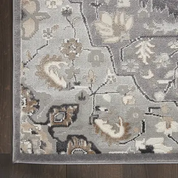 9' X 12' Ivory Black and Gray Floral Medallion Non Skid Area Rug