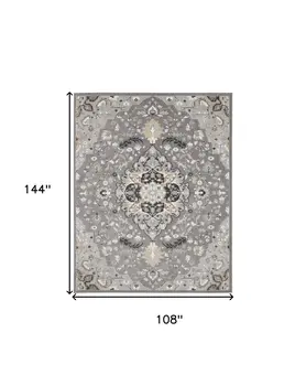 9' X 12' Ivory Black and Gray Floral Medallion Non Skid Area Rug
