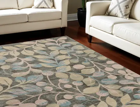 9' X 12' Beige Gray And Blue Botanical Leaves Area Rug