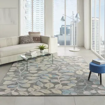 9' X 12' Beige Gray And Blue Botanical Leaves Area Rug