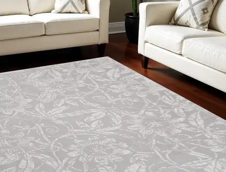 8' X 12' Ivory and Gray Floral Distressed Non Skid Area Rug