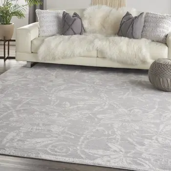 8' X 12' Ivory and Gray Floral Distressed Non Skid Area Rug