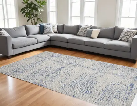 8' X 12' Ivory Blue and Gray Abstract Distressed Non Skid Area Rug
