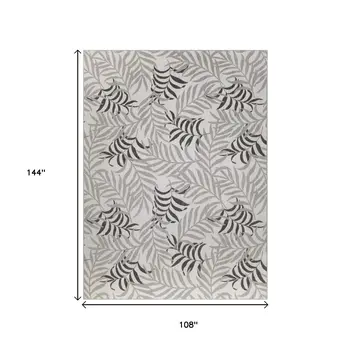 9' X 12' Gray Black And Ivory Palm Leaf Indoor Outdoor Area Rug