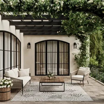 9' X 12' Gray Black And Ivory Palm Leaf Indoor Outdoor Area Rug