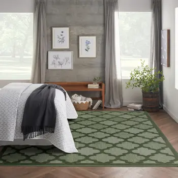 9' X 12' Dark Green And Light Green Trellis Indoor Outdoor Area Rug