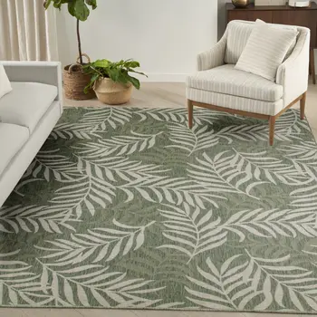9' X 12' Ivory And Green Palm Leaf Indoor Outdoor Area Rug