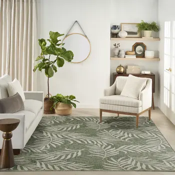 9' X 12' Ivory And Green Palm Leaf Indoor Outdoor Area Rug
