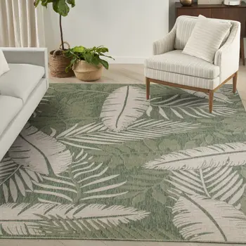 9' X 12' Ivory And Green Palm Leaf Indoor Outdoor Area Rug