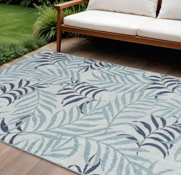 9' X 12' Ivory Sky Blue And Blue Palm Leaf Indoor Outdoor Area Rug