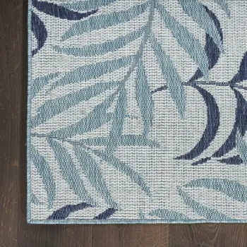 9' X 12' Ivory Sky Blue And Blue Palm Leaf Indoor Outdoor Area Rug
