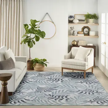 9' X 12' Ivory Sky Blue And Blue Palm Leaf Indoor Outdoor Area Rug