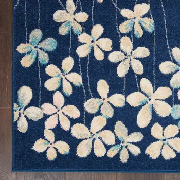 9' X 12' Navy Blue and Ivory Floral Area Rug