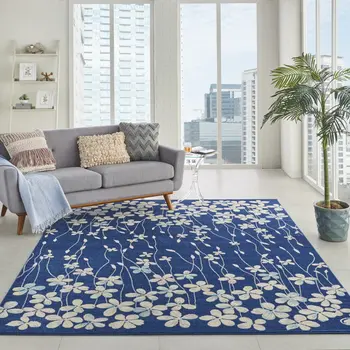 9' X 12' Navy Blue and Ivory Floral Area Rug