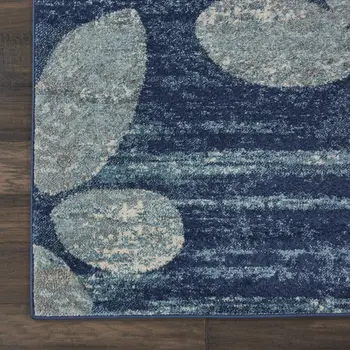 9' X 12' Navy Blue and Ivory Botanical Leaves Area Rug
