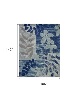 9' X 12' Navy Blue and Ivory Botanical Leaves Area Rug