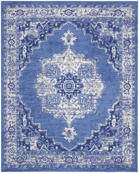 8' X 12' Ivory Navy Blue and Beige Floral Medallion Distressed Non Skid Area Rug