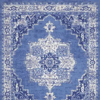8' X 12' Ivory Navy Blue and Beige Floral Medallion Distressed Non Skid Area Rug
