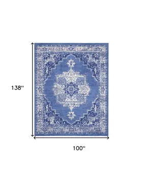 8' X 12' Ivory Navy Blue and Beige Floral Medallion Distressed Non Skid Area Rug