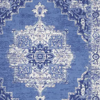 8' X 12' Ivory Navy Blue and Beige Floral Medallion Distressed Non Skid Area Rug